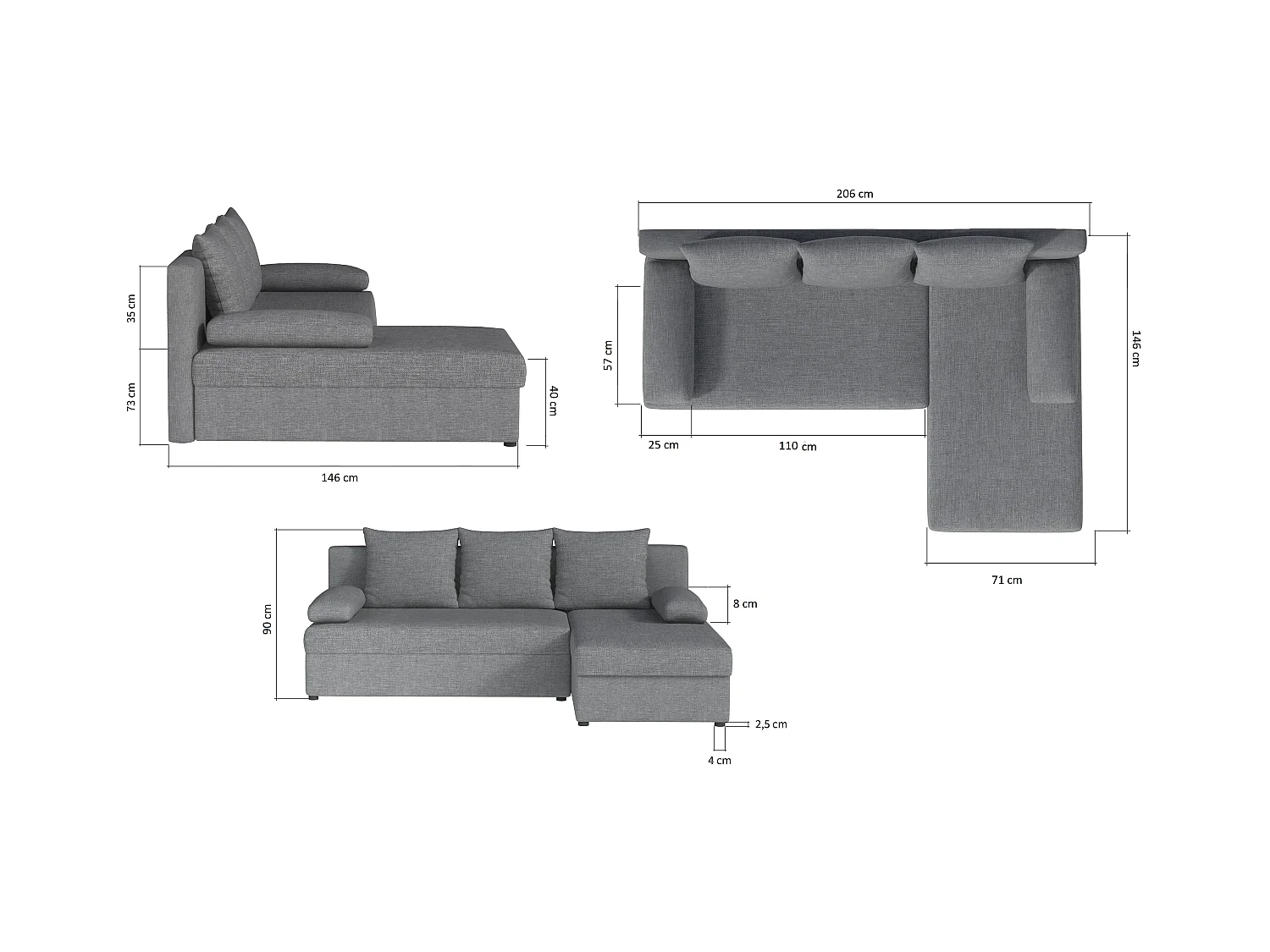 Gary omkeerbare hoekbank van zwarte stof, 206 cm