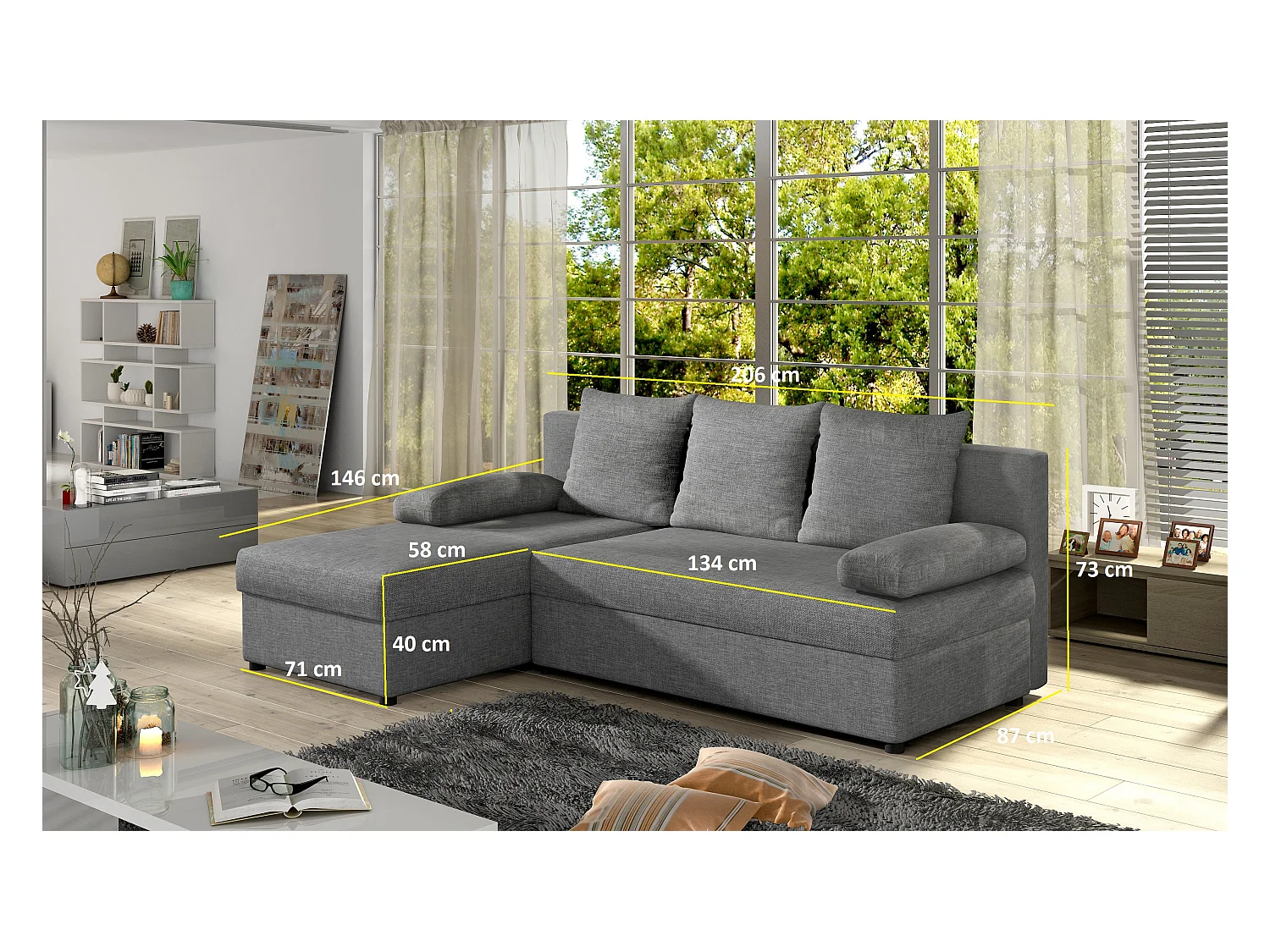 Gary omkeerbare hoekbank van zwarte stof, 206 cm