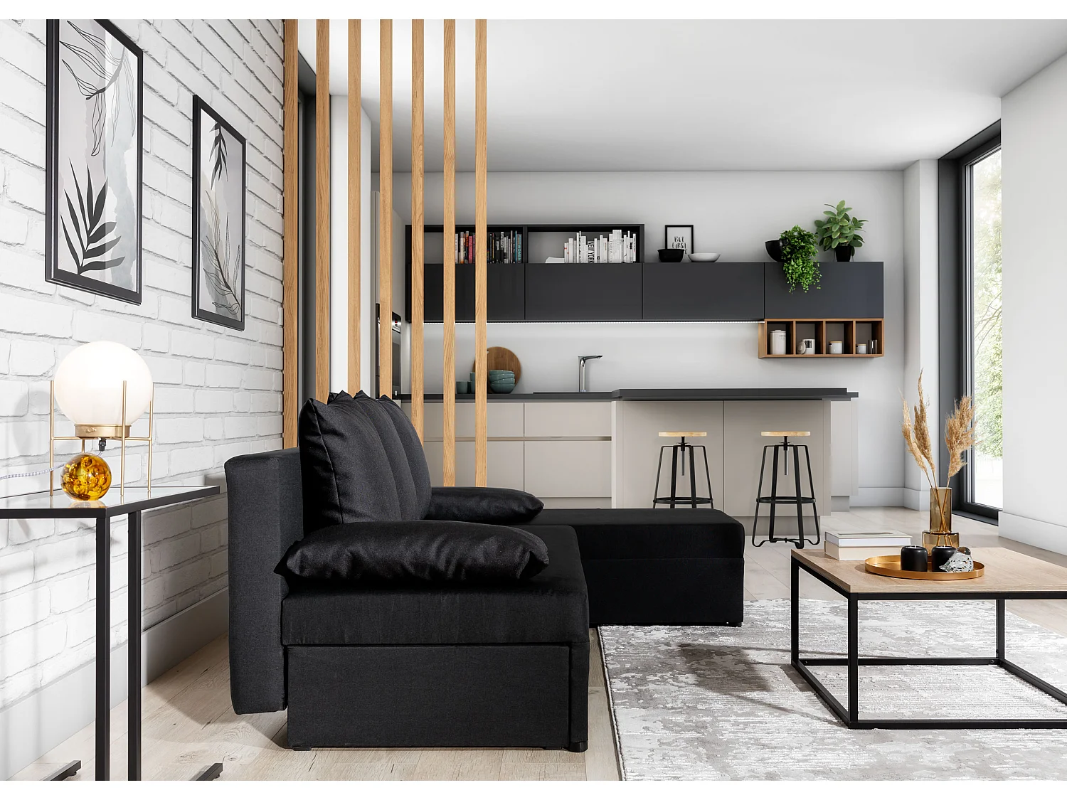 Canapé convertible angle réversible tissu noir Gary 206cm