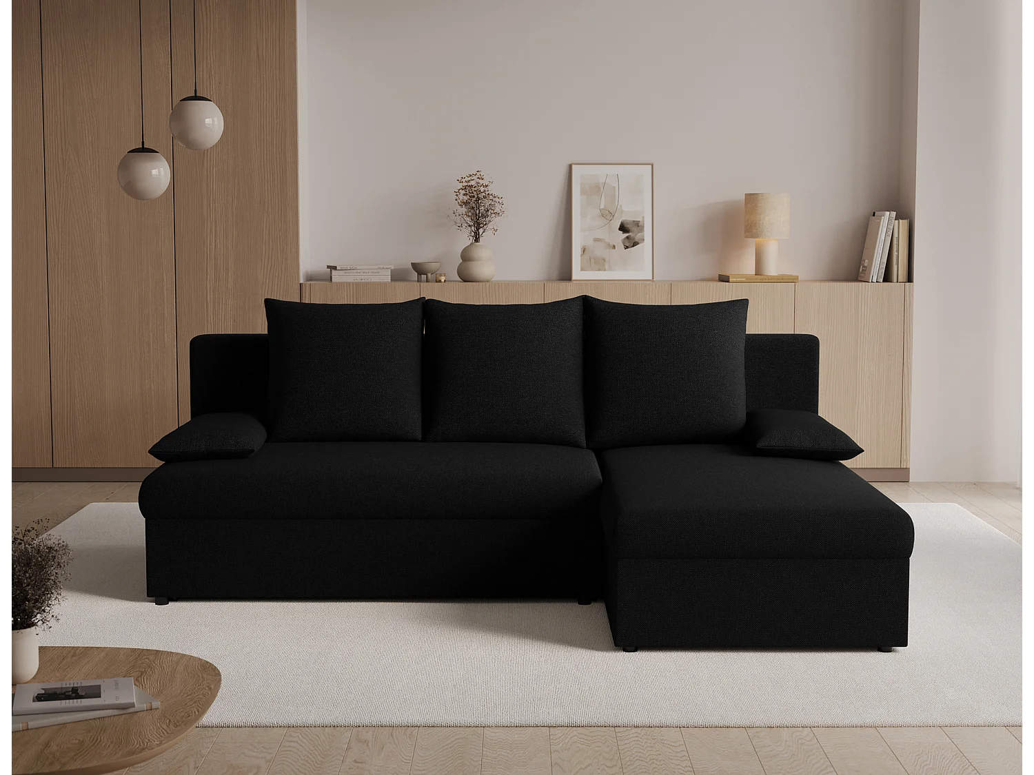 Canapé d’angle réversible convertible GARY en tissu côtelé – 206cm-Noir