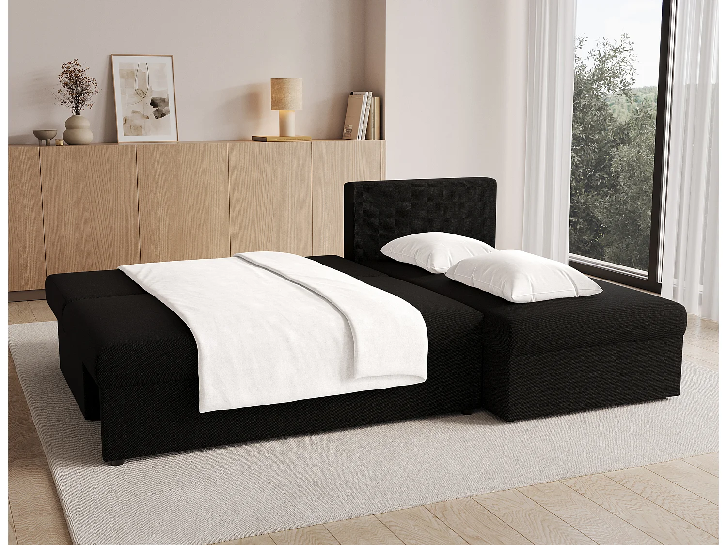 Canapé d’angle réversible convertible GARY en tissu côtelé – 206cm-Noir