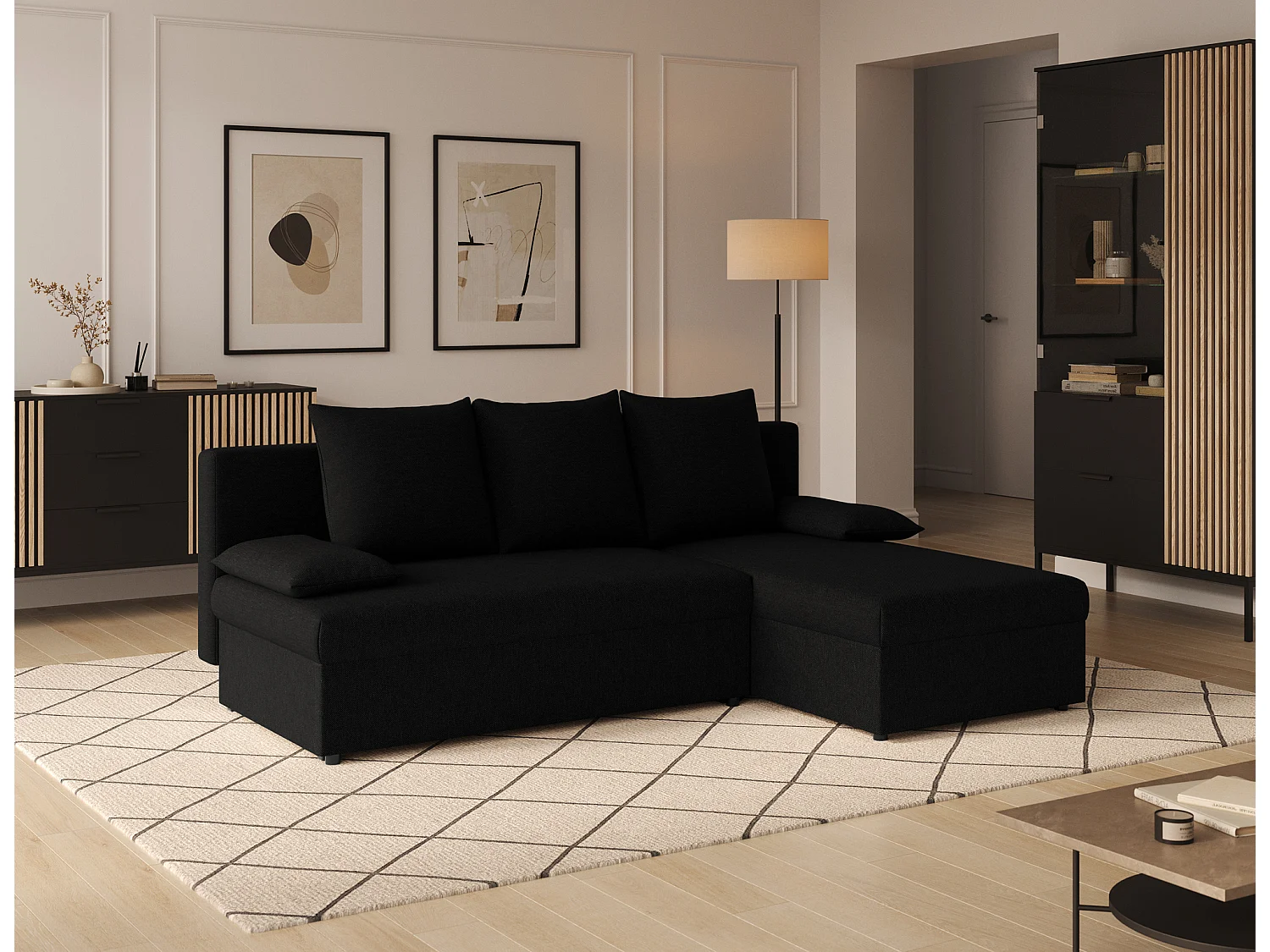 Canapé d’angle réversible convertible GARY en tissu côtelé – 206cm-Noir