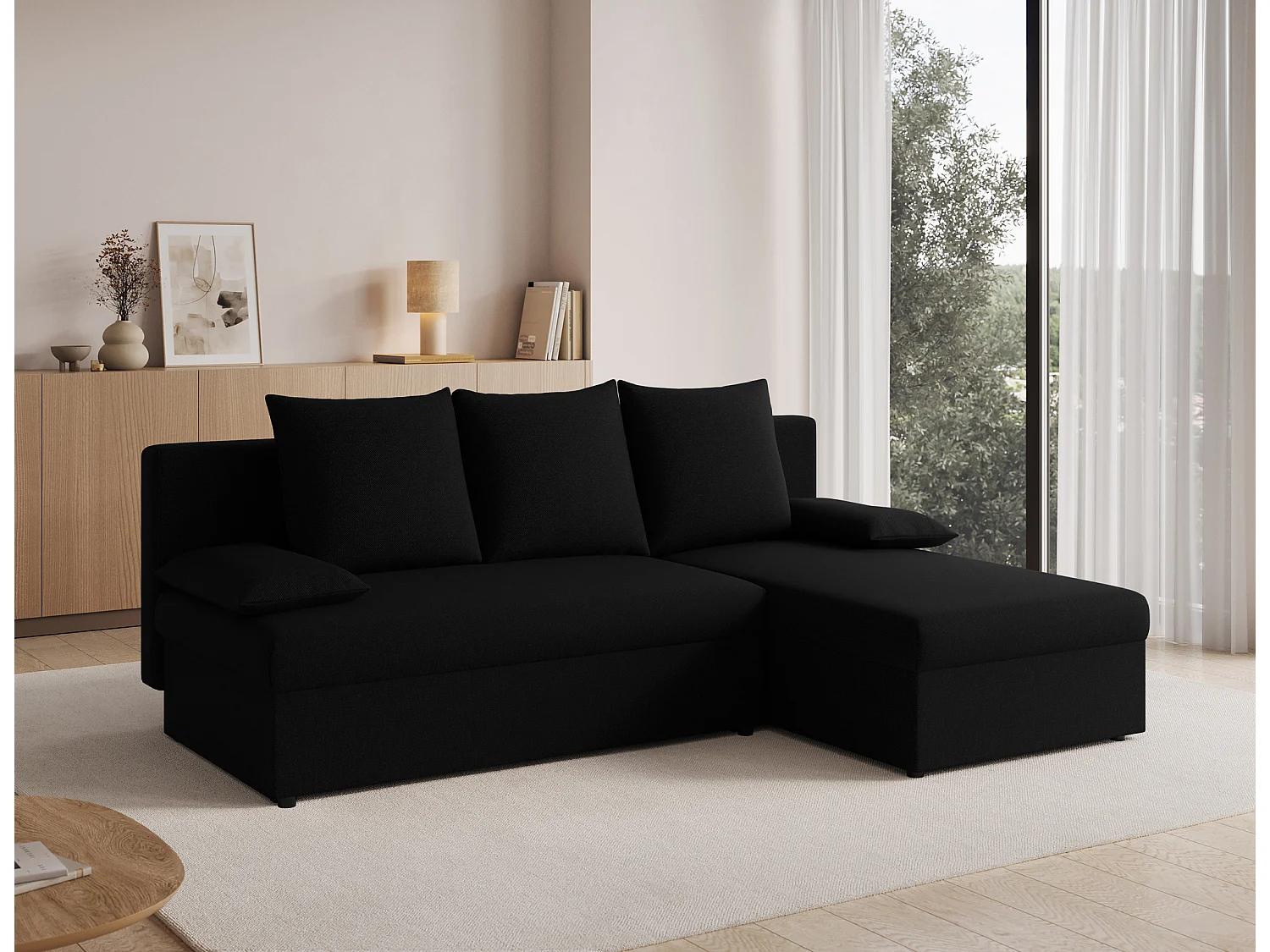 Canapé d’angle réversible convertible GARY en tissu côtelé – 206cm-Noir