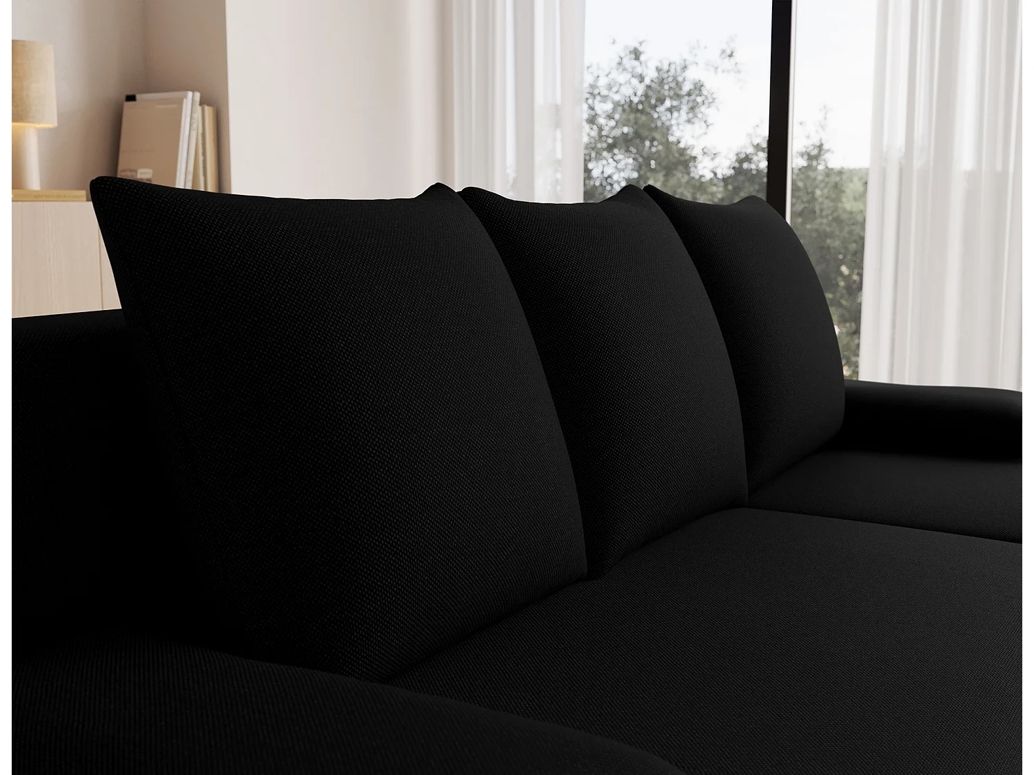 Canapé d’angle réversible convertible GARY en tissu côtelé – 206cm-Noir