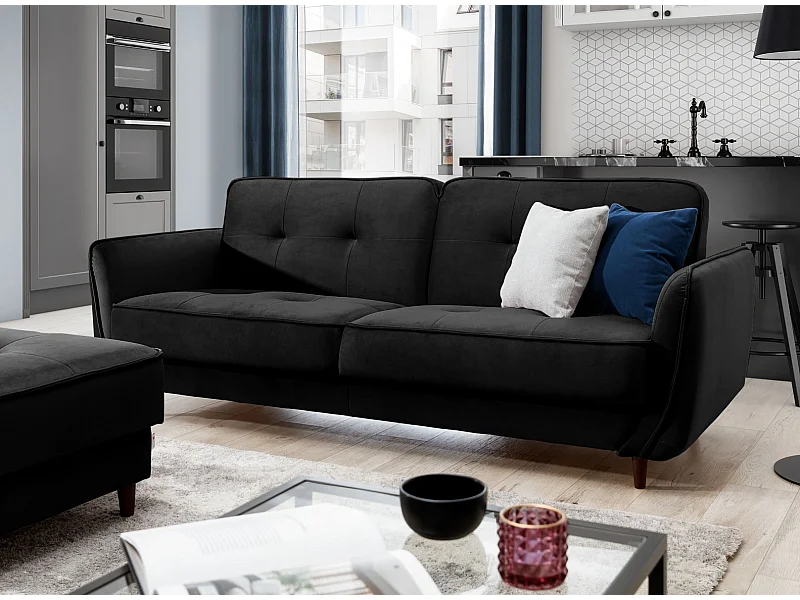 Canapé convertible 3 places velours noir capitonné et pieds bois noir Bizza 220cm