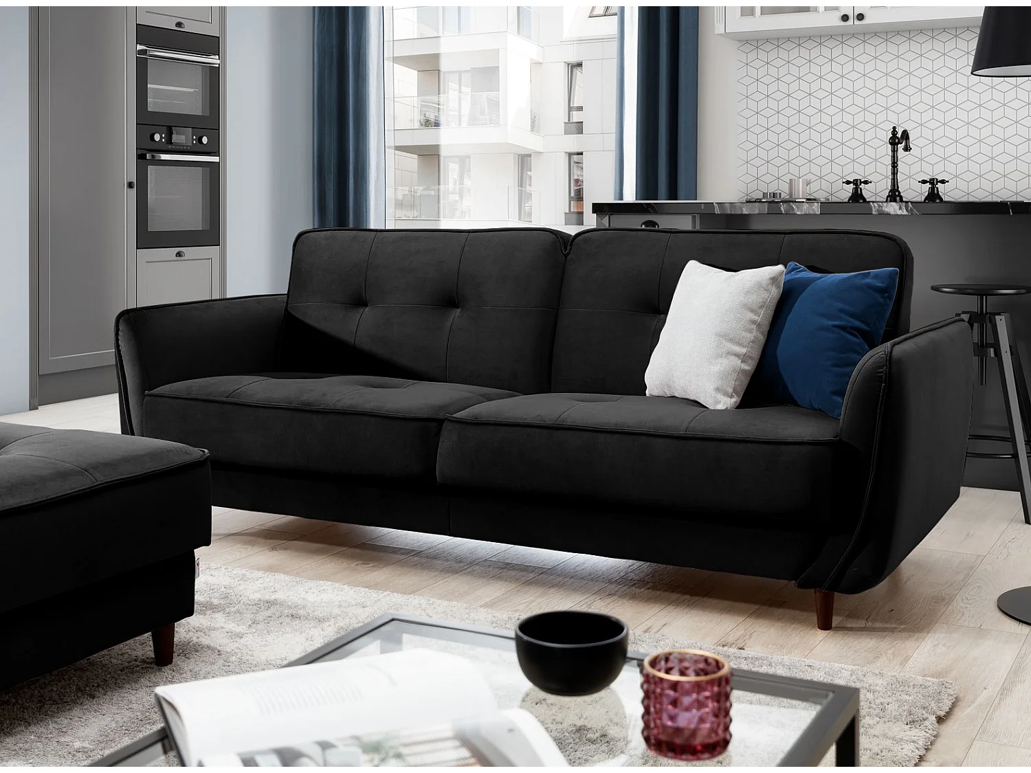 Canapé convertible 3 places velours noir capitonné et pieds bois noir Bizza 220cm