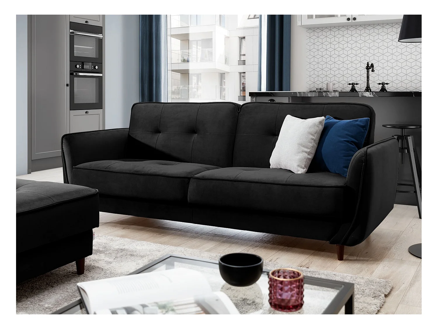 Canapé convertible 3 places velours noir capitonné et pieds bois noir Bizza 220cm