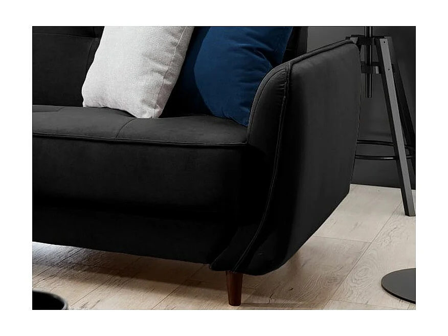 Canapé convertible 3 places velours noir capitonné et pieds bois noir Bizza 220cm