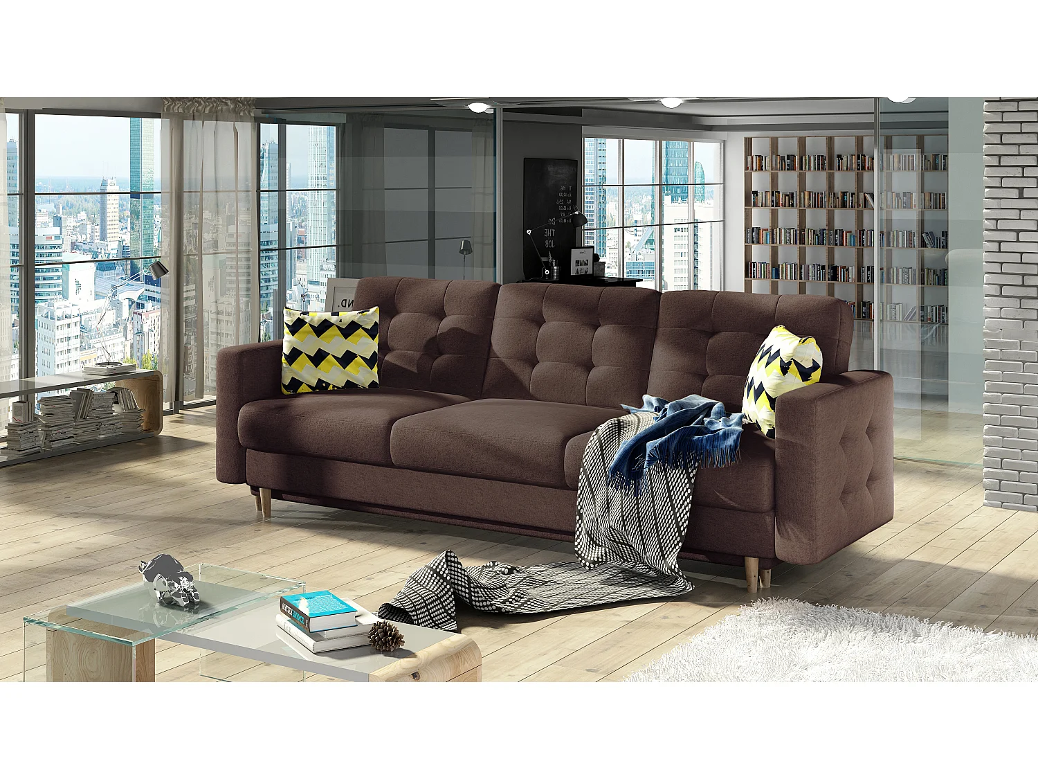 Canapé 3 places convertible matelassé tissu marron Anska 235cm