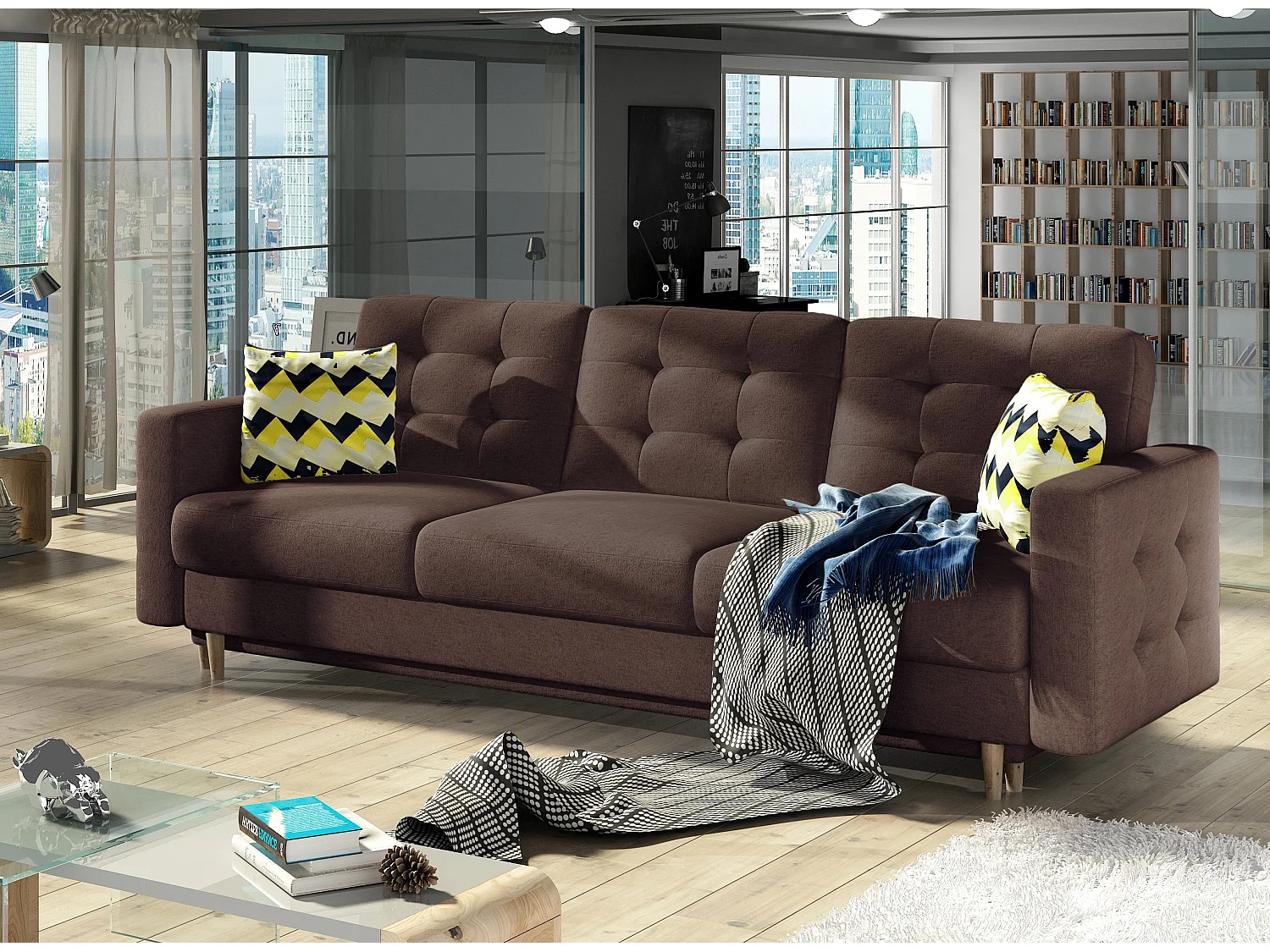 Canapé 3 places convertible matelassé tissu marron Anska 235cm