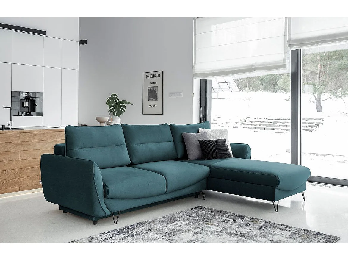 Canapé d'angle droit convertible velours vert bleuté Zurik 276cm