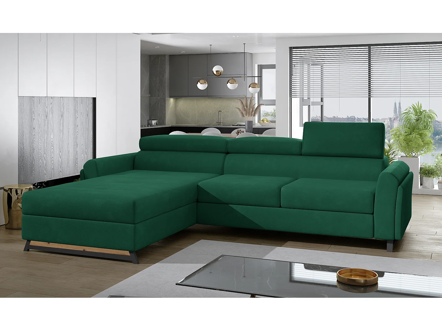 Canapé angle gauche convertible velours vert bouteille avec appuis-tête réglables Mazerali 300cm