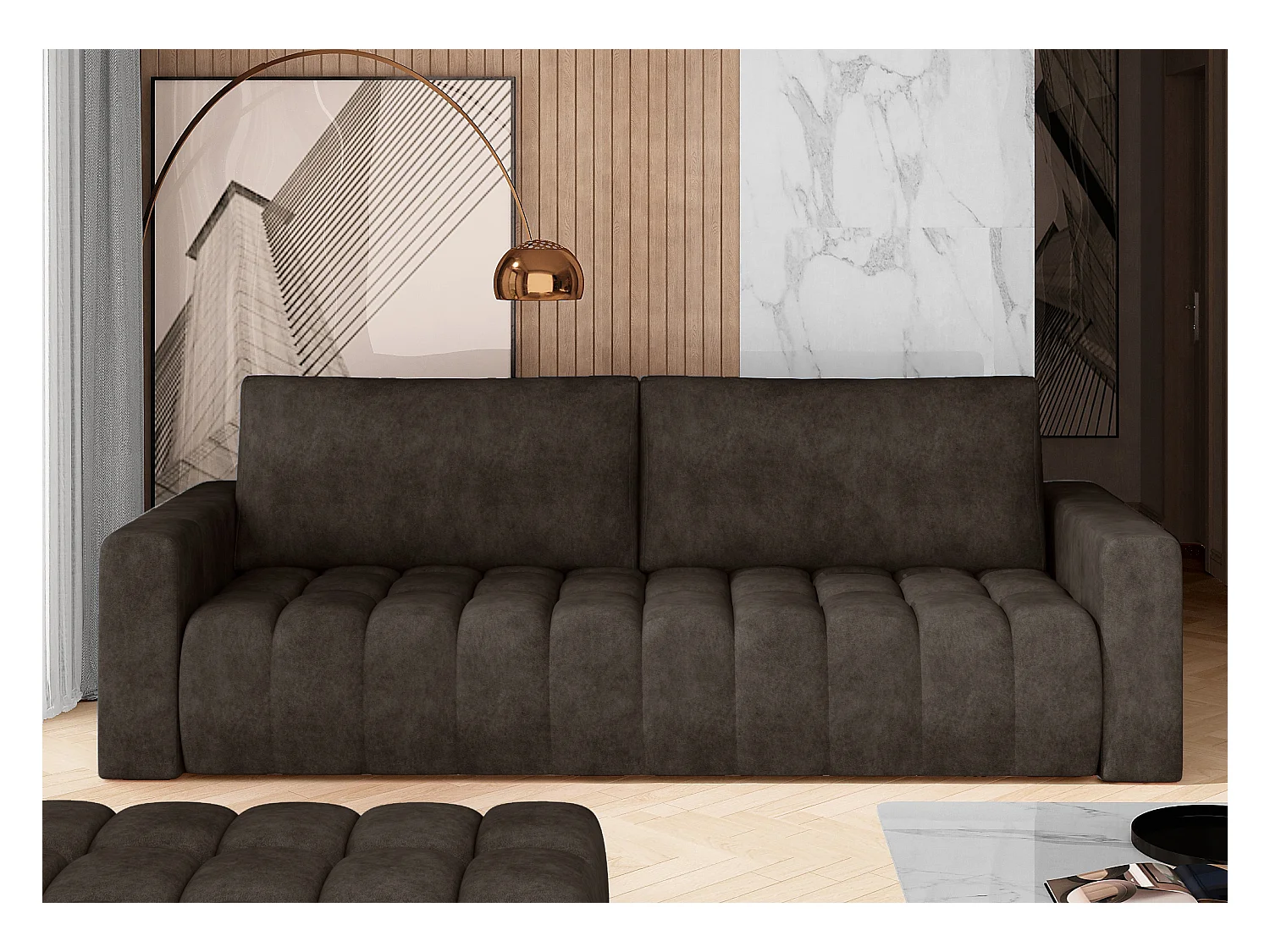 Canapé convertible 3 places tissu marron avec coffre de rangement Larko 245cm