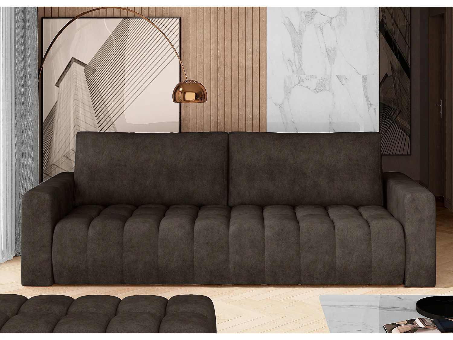 Canapé convertible 3 places tissu marron avec coffre de rangement Larko 245cm