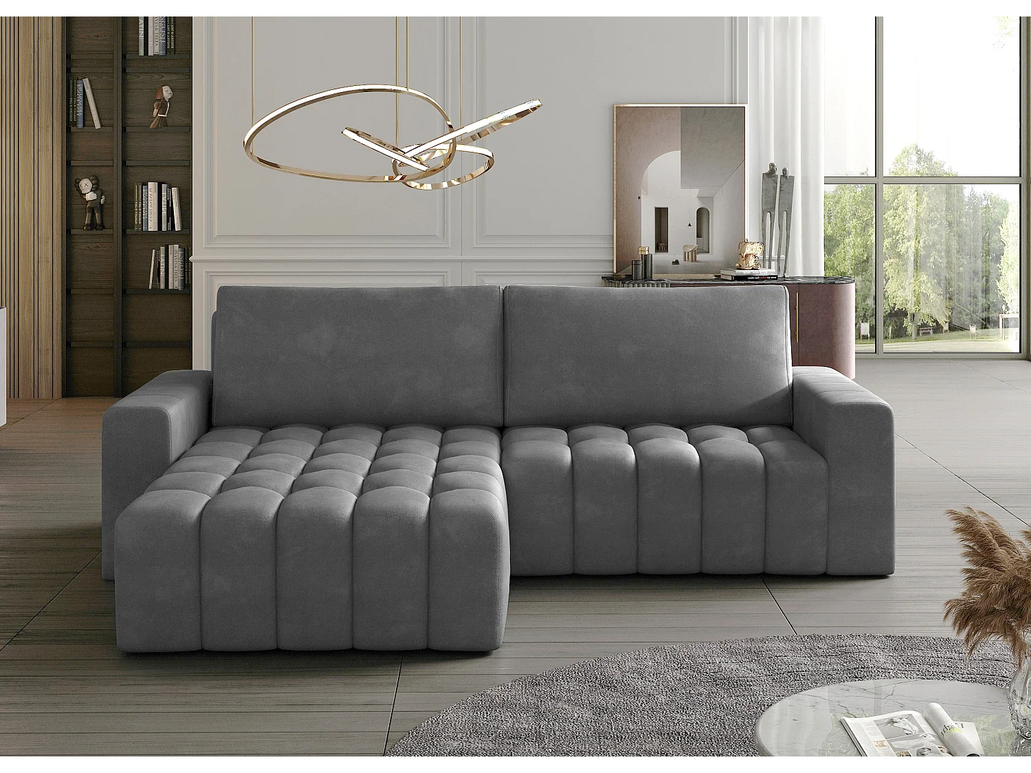 Canapé convertible design velours matelassé gris angle gauche Bozen 250cm