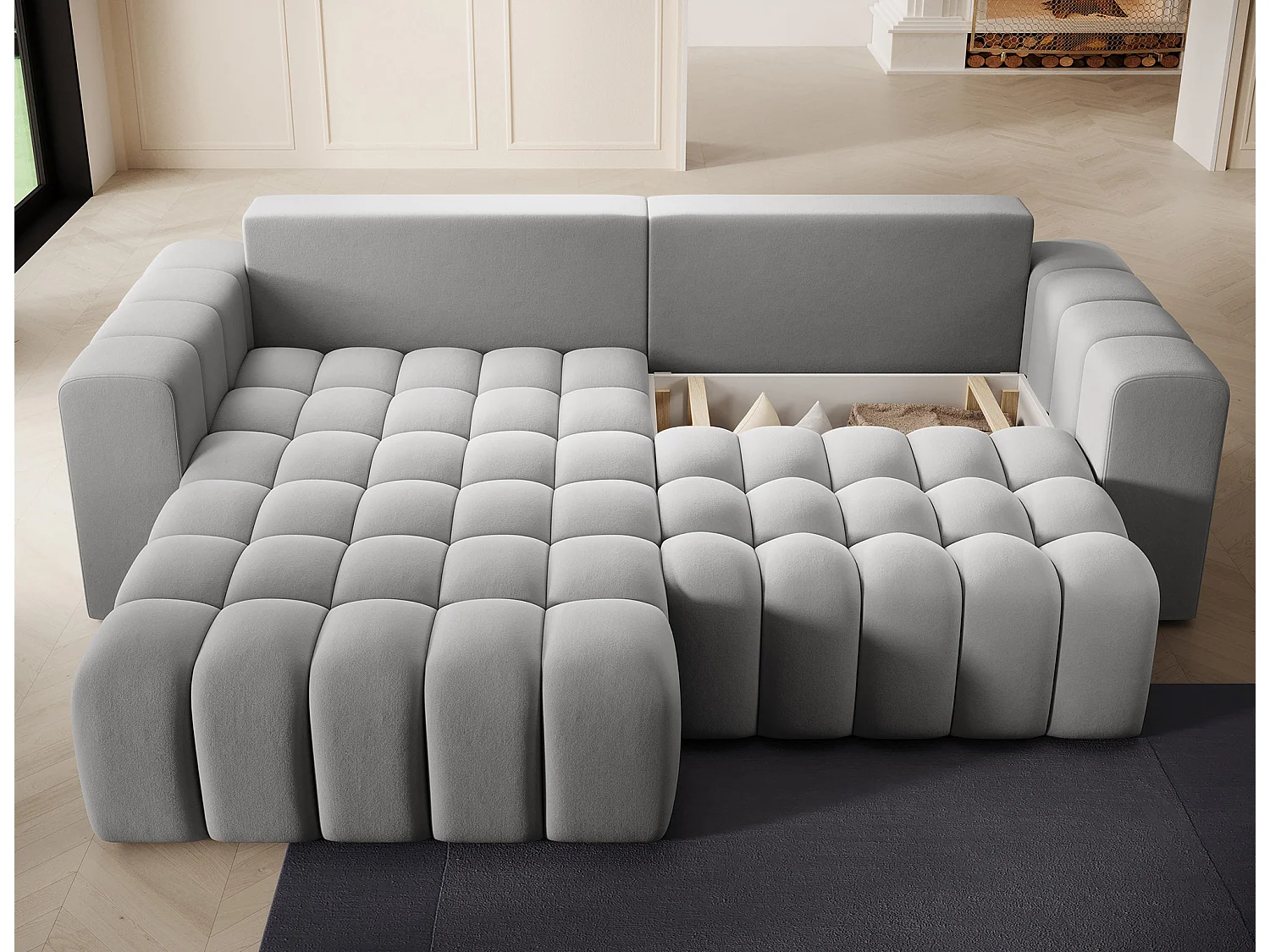 Canapé d’angle velours capitonné BOZEN – Convertible et rangement-Gris-angle gauche