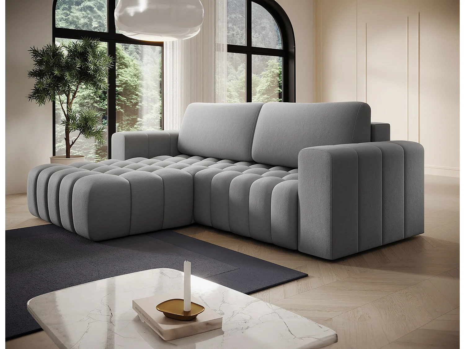 Canapé d’angle velours capitonné BOZEN – Convertible et rangement-Gris-angle gauche