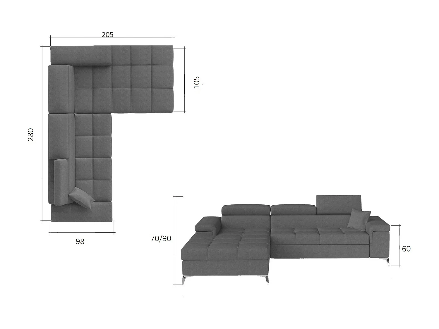 Canapé angle gauche convertible tissu gris clair avec appuis-tête réglables Rikaro 280cm