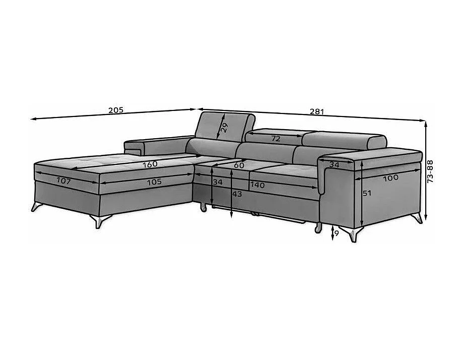 Canapé angle gauche convertible tissu gris clair avec appuis-tête réglables Rikaro 280cm