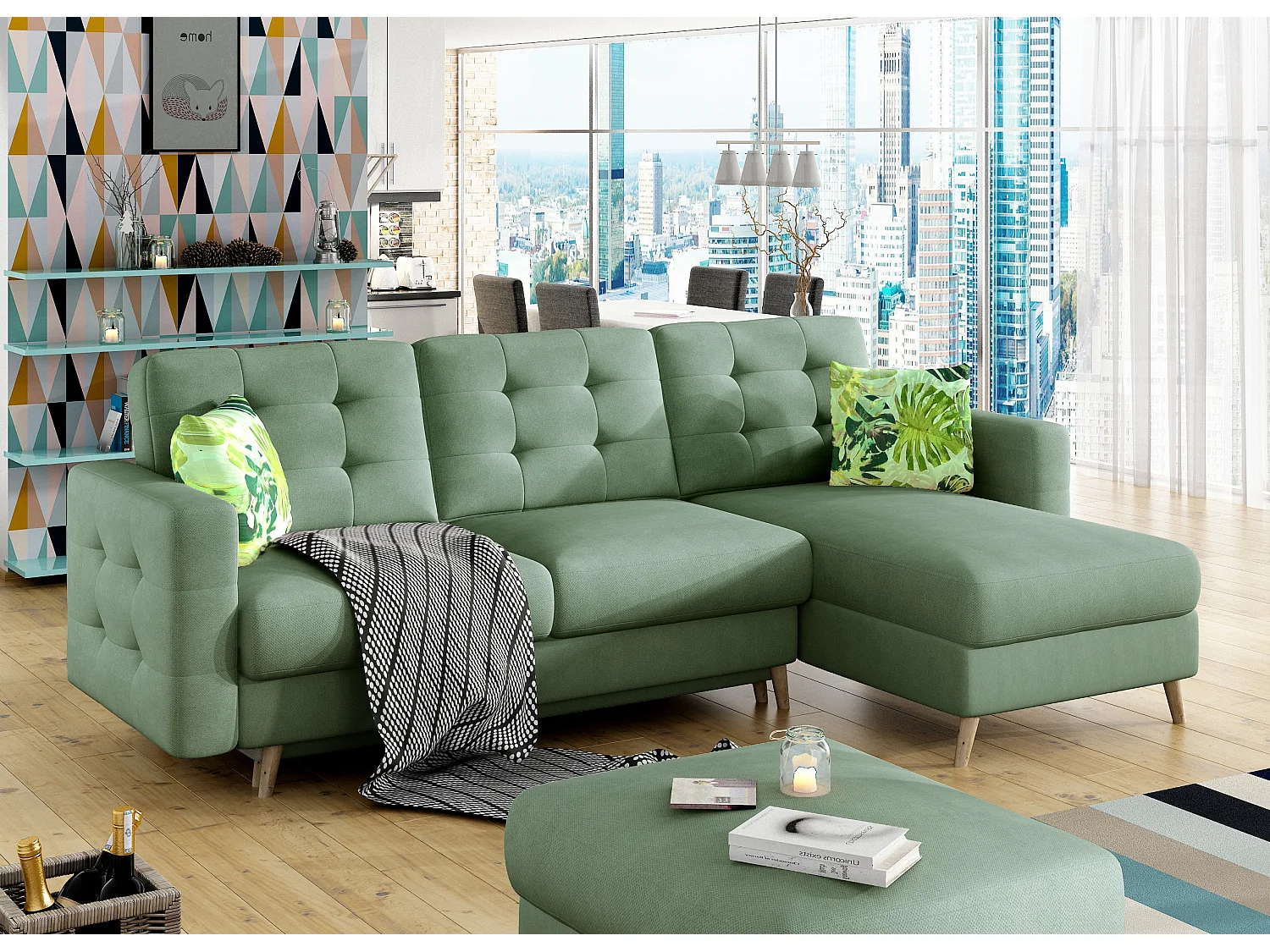 Canapé d'angle réversible et convertible tissu doux vert émeraude Anska 250cm