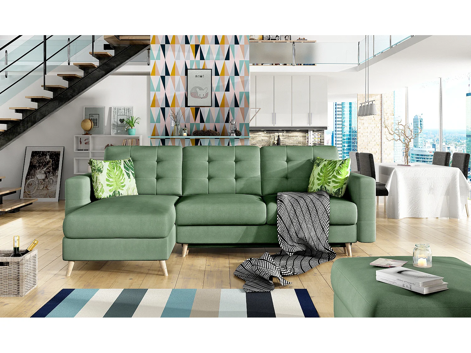 Canapé d'angle réversible et convertible tissu doux vert émeraude Anska 250cm