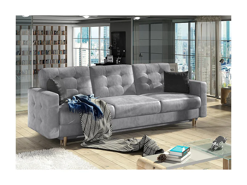 Canapé 3 places convertible matelassé velours gris clair Anska 235cm