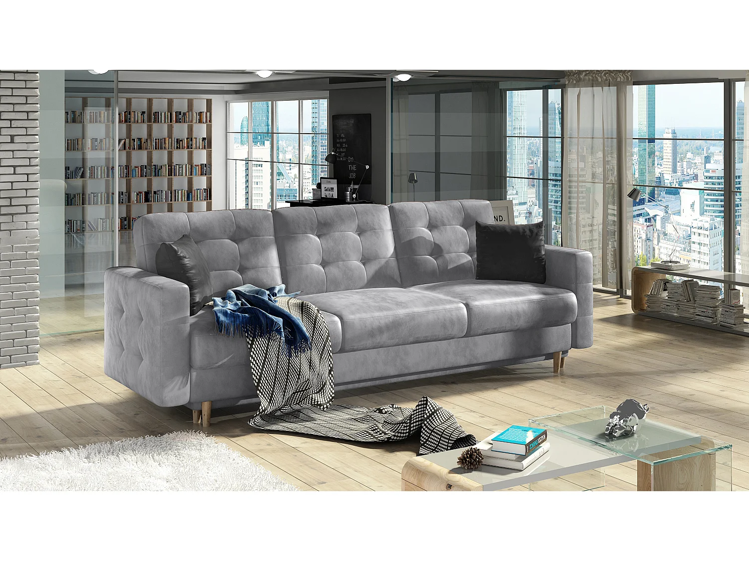 Canapé 3 places convertible matelassé velours gris clair Anska 235cm