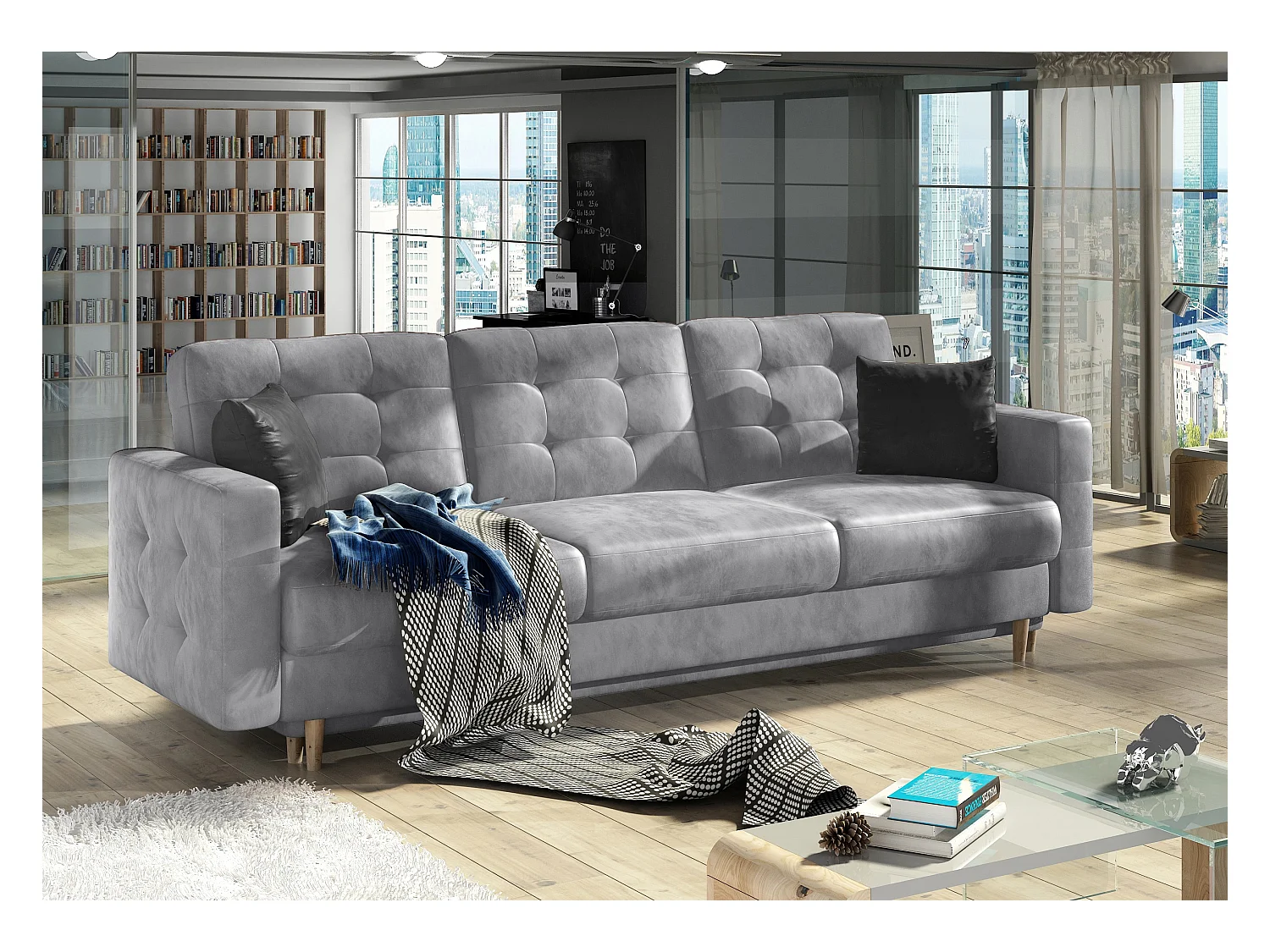 Canapé 3 places convertible matelassé velours gris clair Anska 235cm
