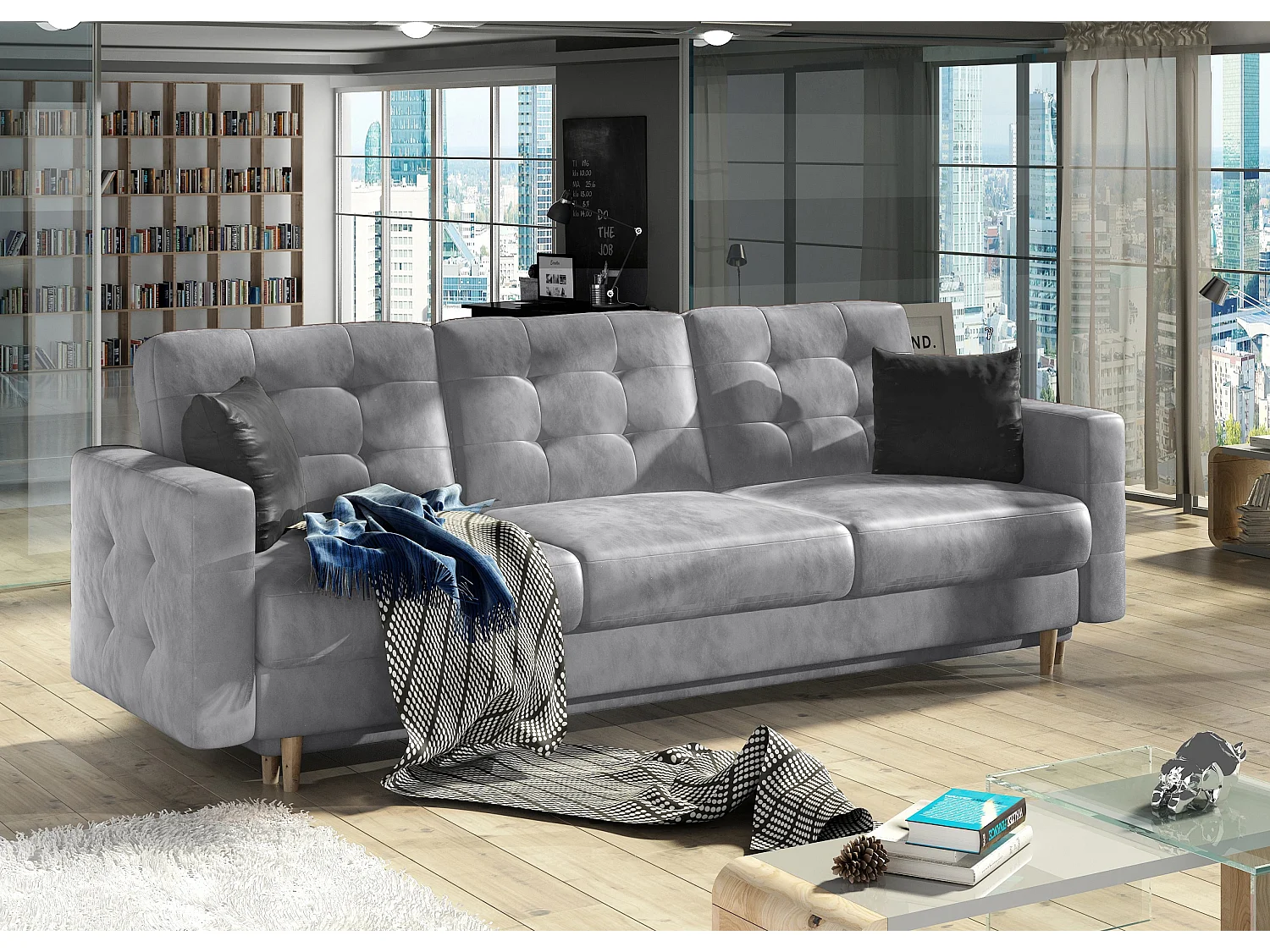 Canapé 3 places convertible matelassé velours gris clair Anska 235cm