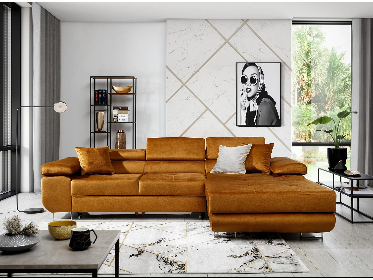 Canapé convertible d'angle droit velours marron orangé avec rangement Wile 280cm