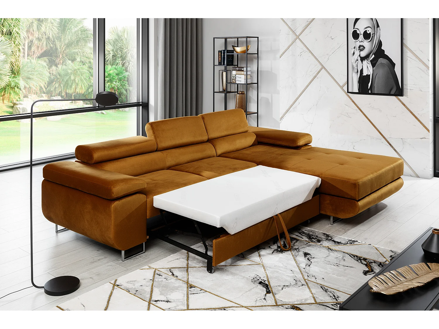 Canapé convertible d'angle droit velours marron orangé avec rangement Wile 280cm