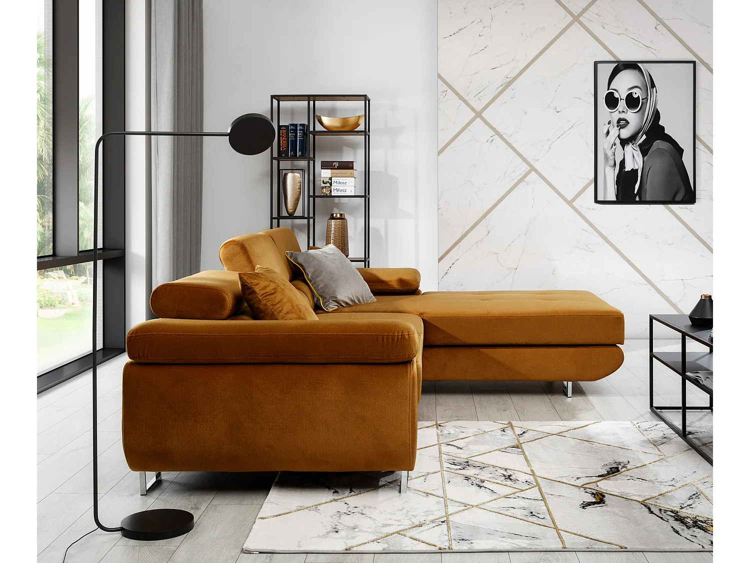 Canapé convertible d'angle droit velours marron orangé avec rangement Wile 280cm