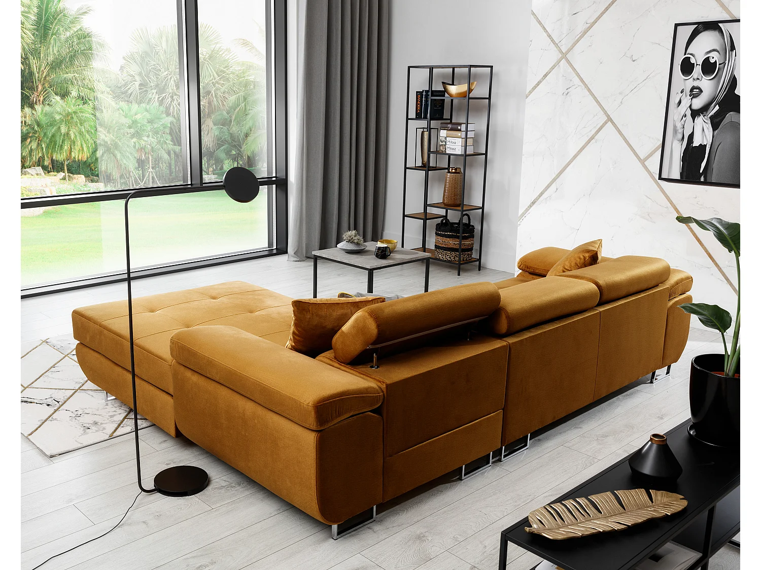 Canapé convertible d'angle droit velours marron orangé avec rangement Wile 280cm