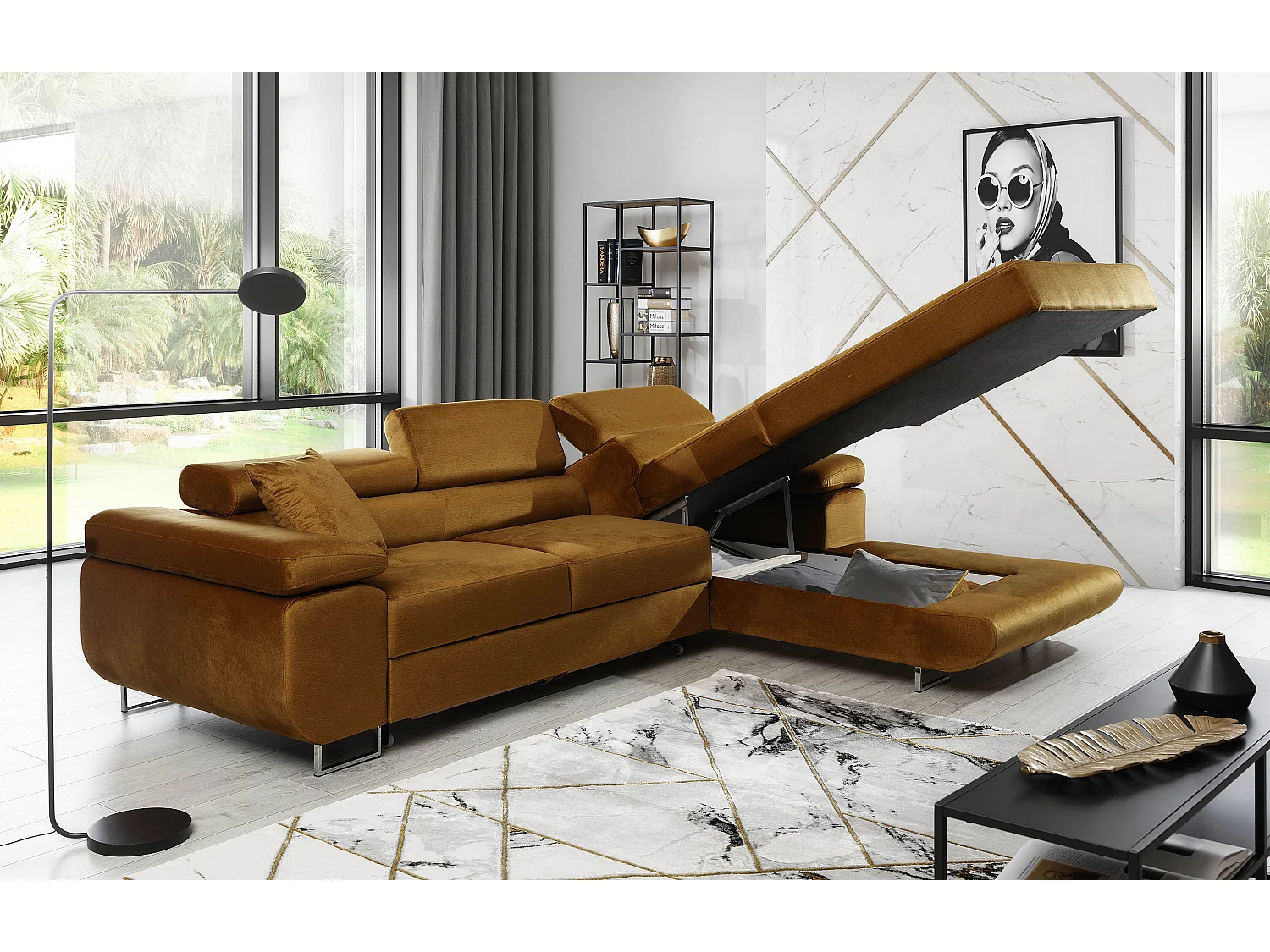 Canapé d'angle convertible velours appuis-tête réglables KALIZO - Coffre et pieds acier chromé-Marron clair-angle droit