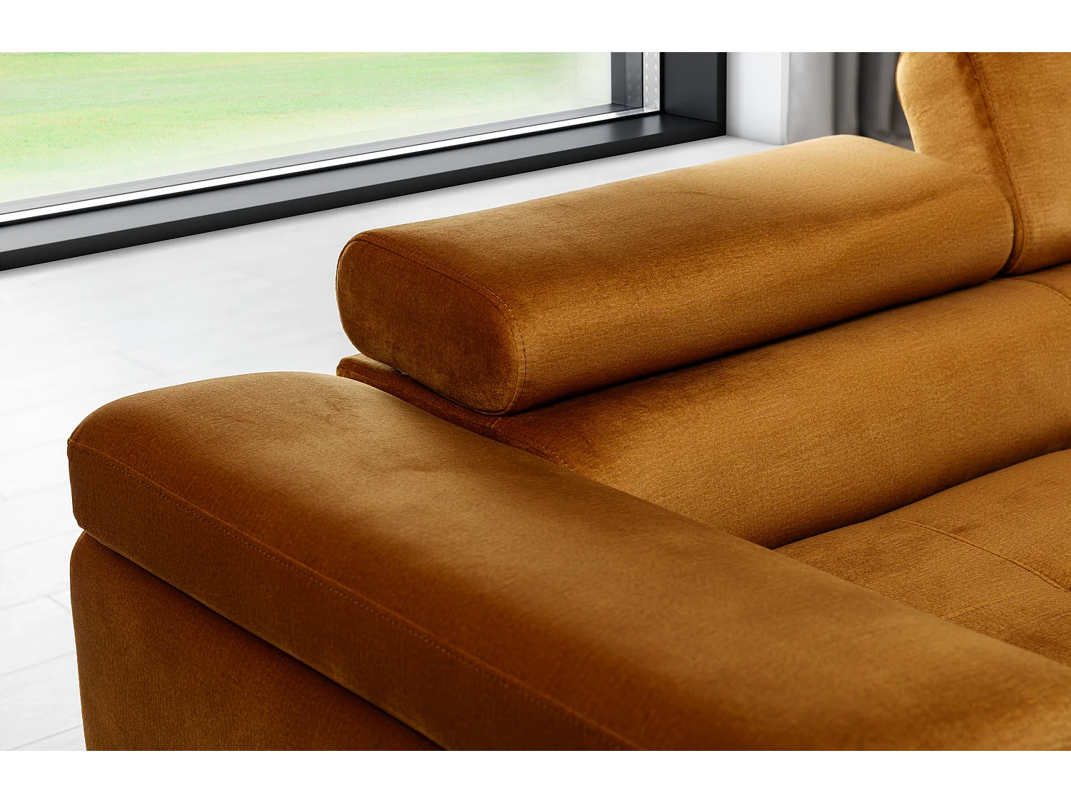 Canapé d'angle convertible velours appuis-tête réglables KALIZO - Coffre et pieds acier chromé-Marron clair-angle droit