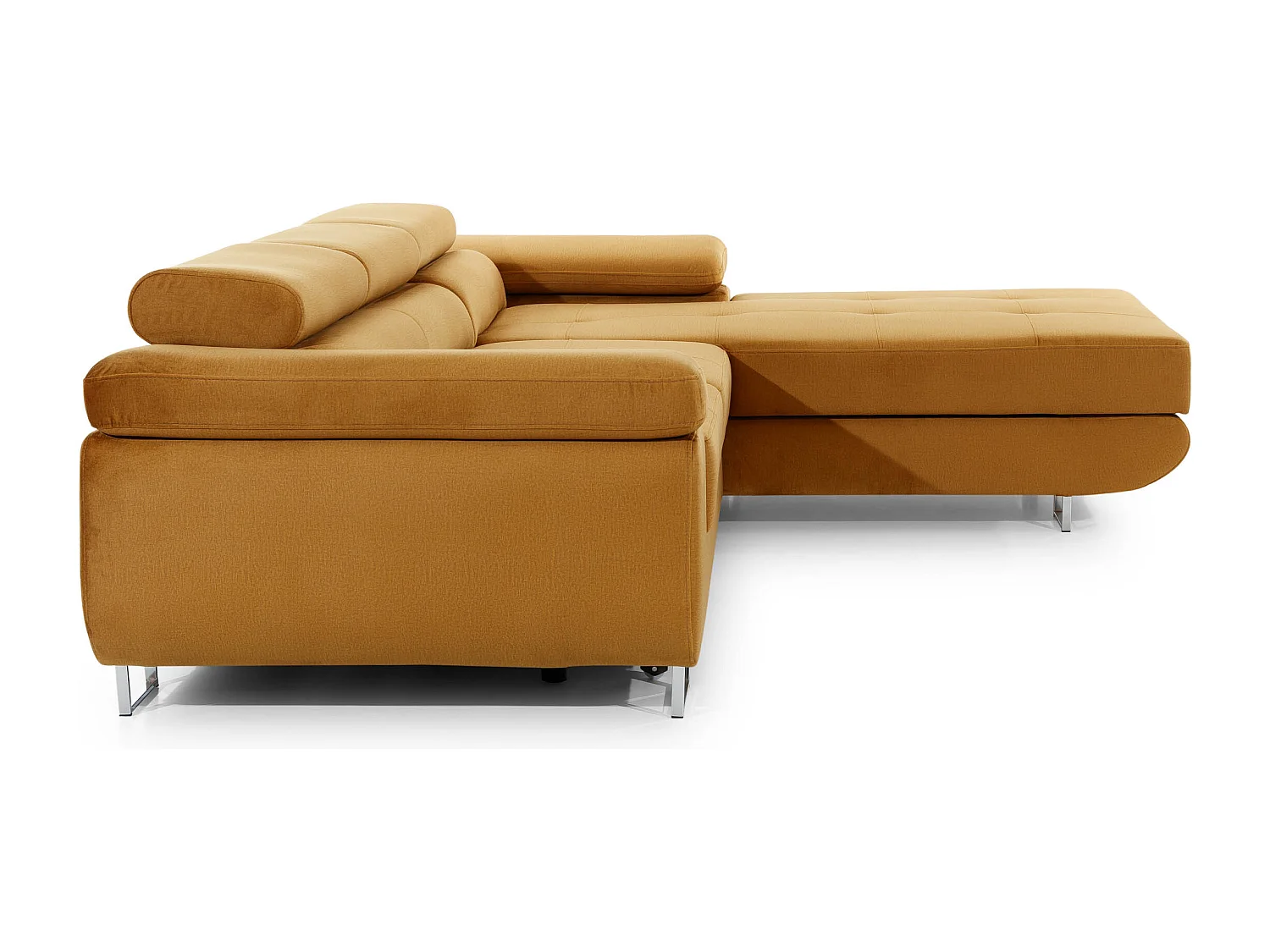 Canapé d'angle convertible velours appuis-tête réglables KALIZO - Coffre et pieds acier chromé-Marron clair-angle droit