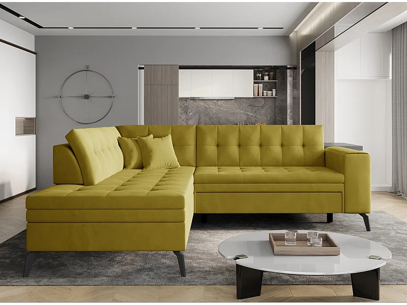Canapé convertible capitonné angle gauche tissu doux brillant jaune citron Larry 260cm