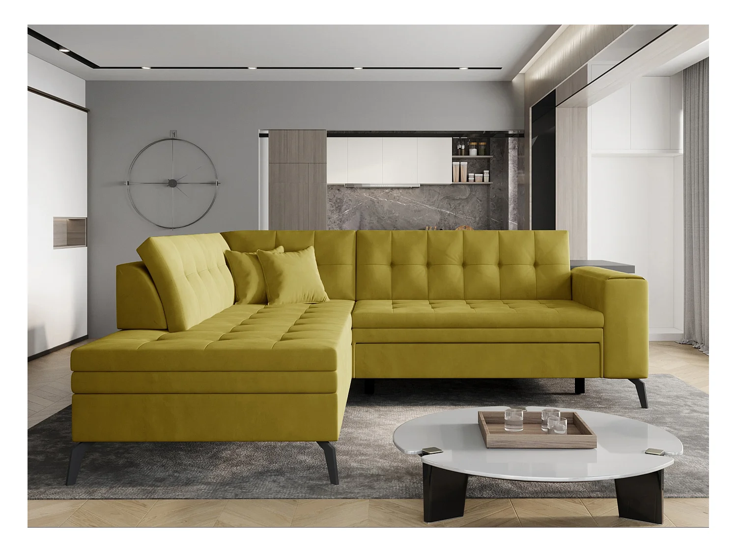 Canapé convertible capitonné angle gauche tissu doux brillant jaune citron Larry 260cm
