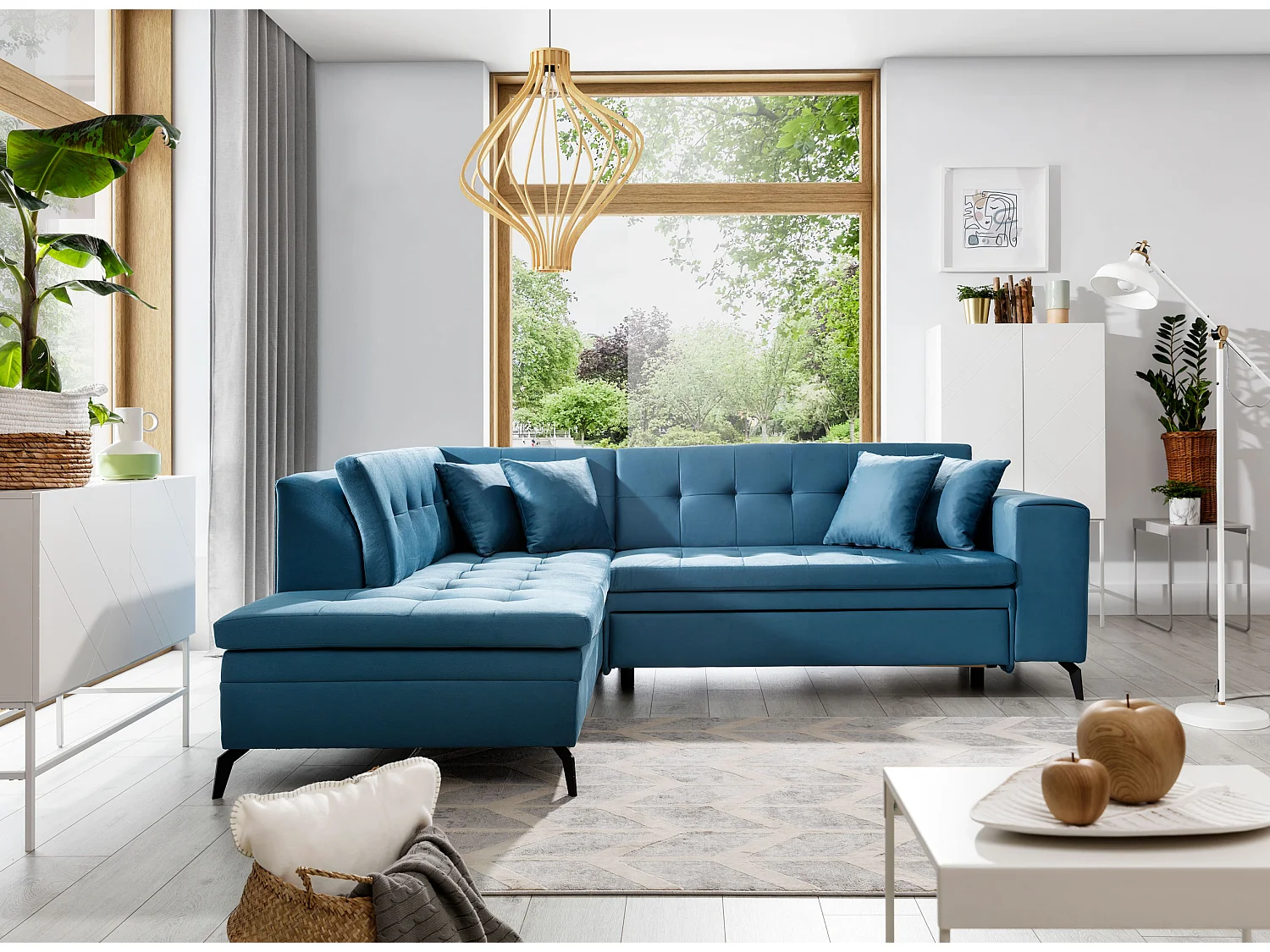 Canapé convertible capitonné angle gauche tissu doux brillant jaune citron Larry 260cm