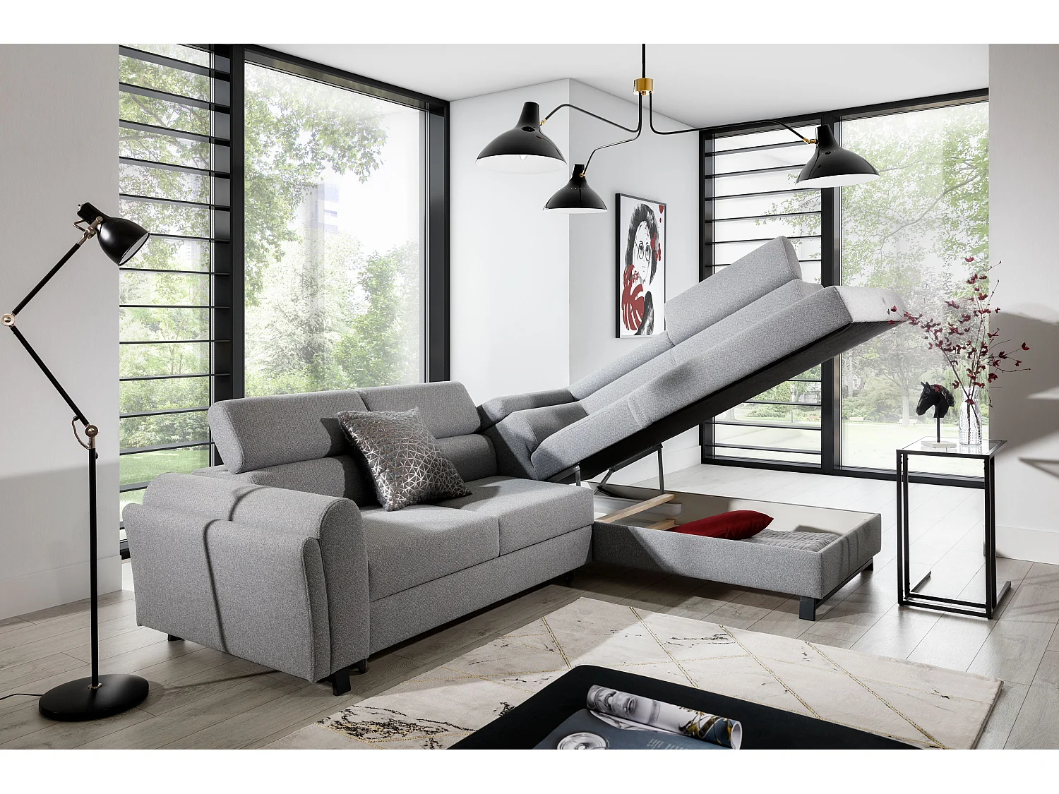 Canapé angle droit convertible tissu gris clair chiné avec têtières réglables Nikos 265cm