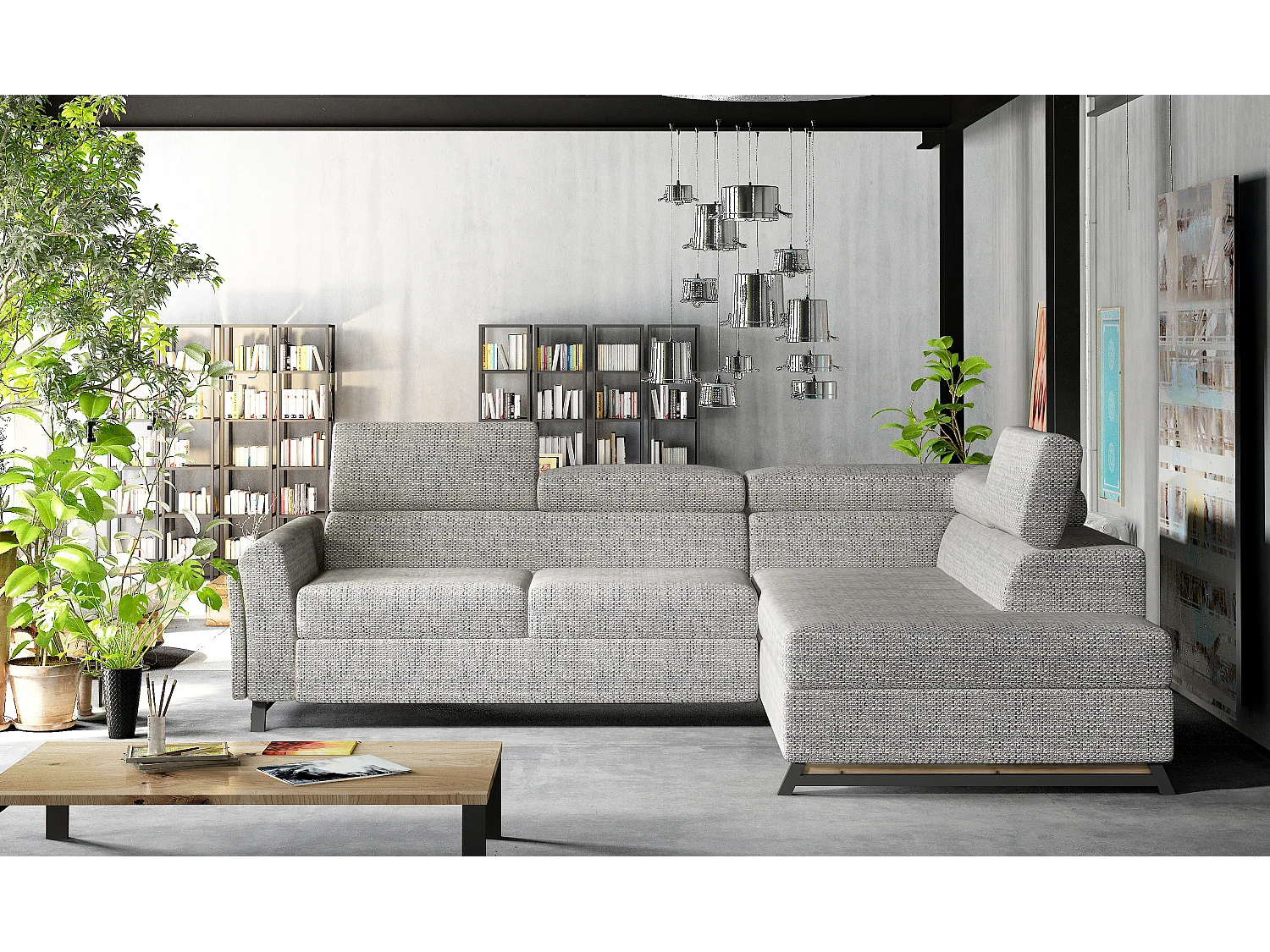 Canapé angle droit convertible tissu gris clair chiné avec têtières réglables Nikos 265cm