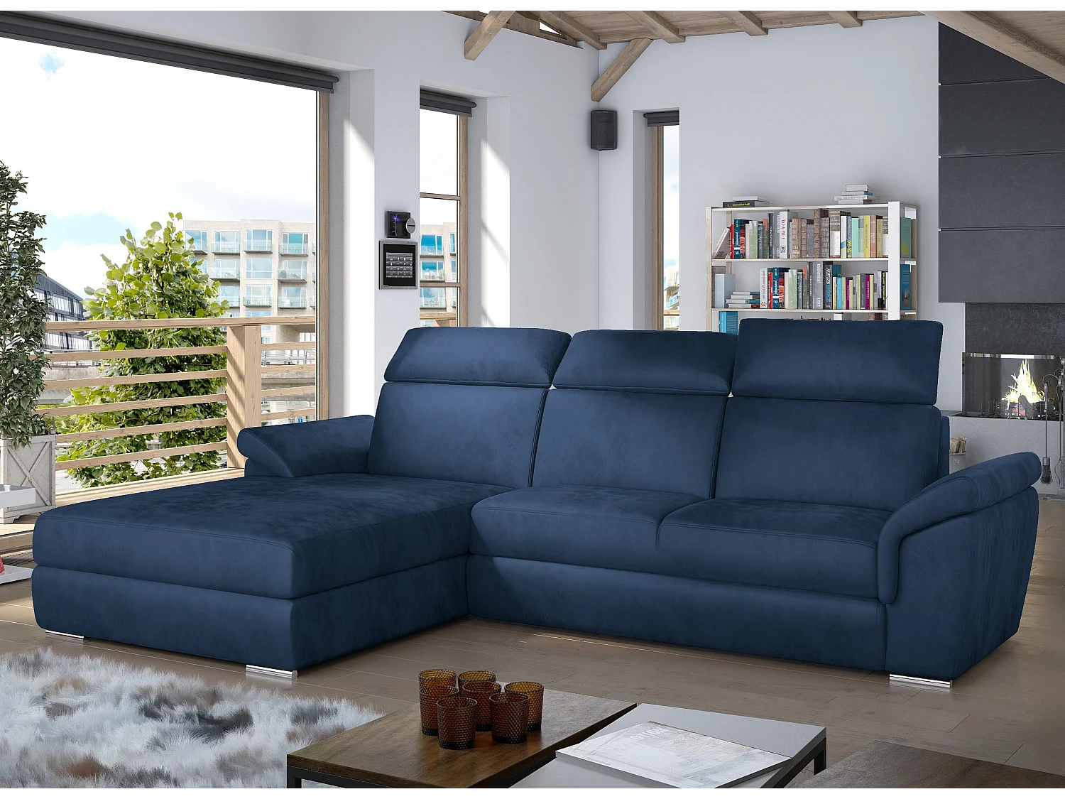 Canapé convertible d'angle gauche velours bleu têtières réglables Suzy 272cm