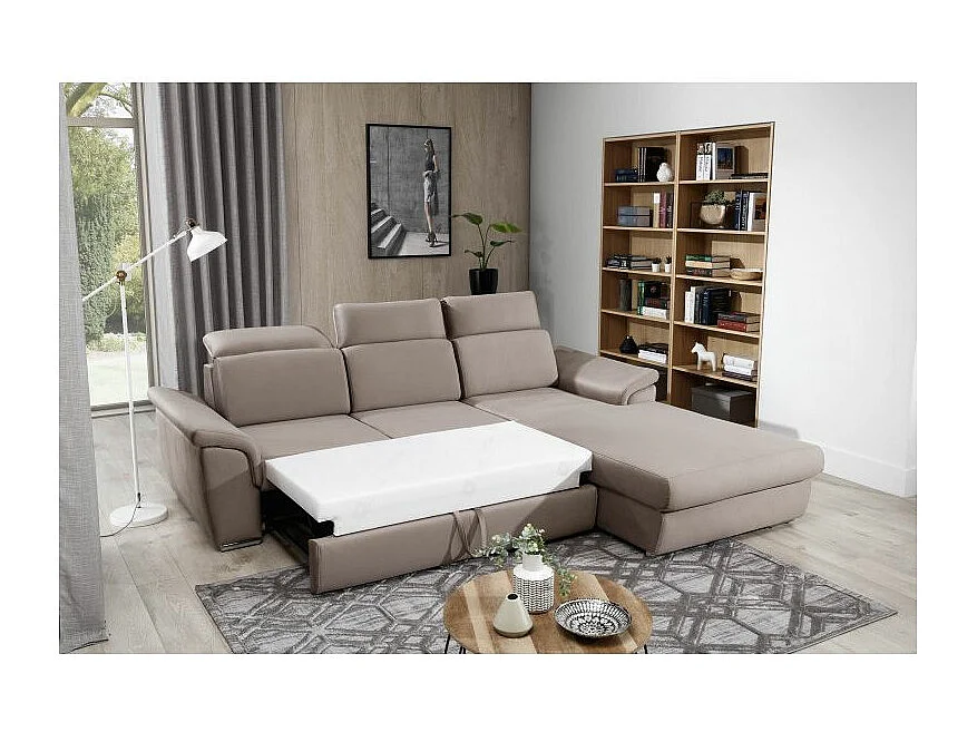 Canapé convertible d'angle gauche velours bleu têtières réglables Suzy 272cm