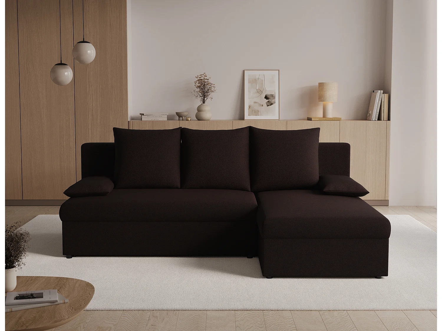 Canapé d’angle réversible convertible GARY en tissu côtelé – 206cm-Marron