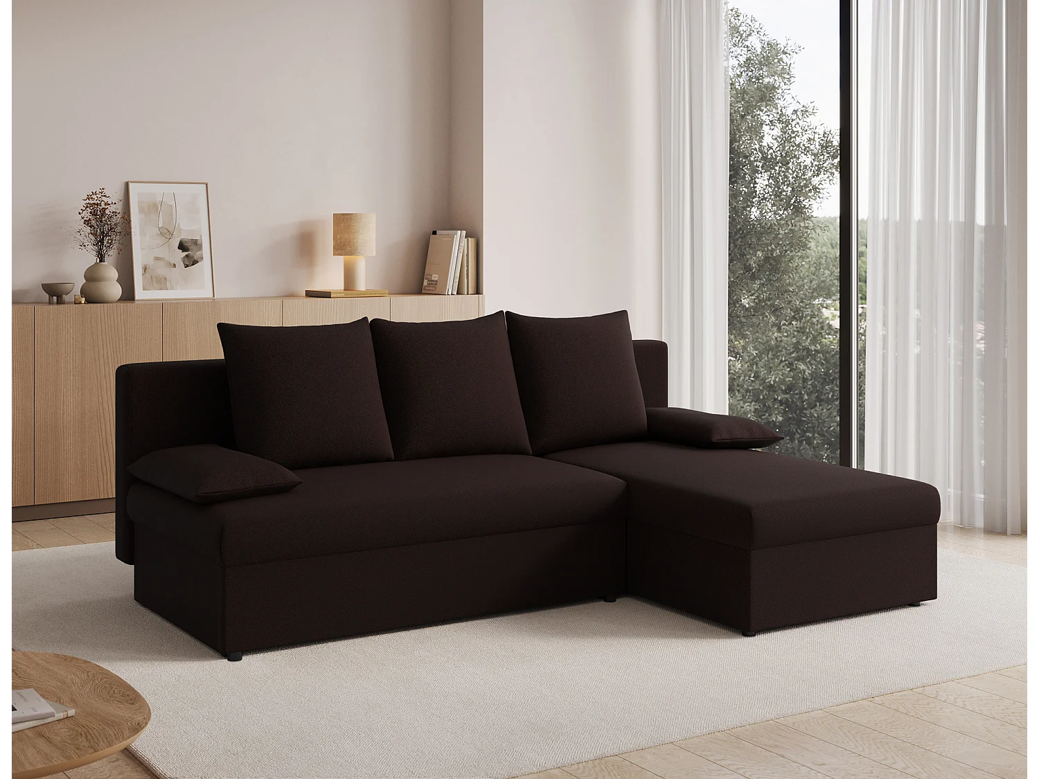 Canapé d’angle réversible convertible GARY en tissu côtelé – 206cm-Marron