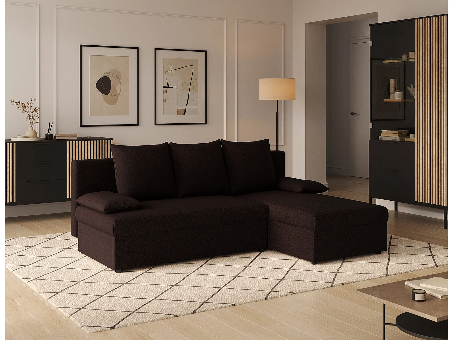 Canapé d’angle réversible convertible GARY en tissu côtelé – 206cm-Marron