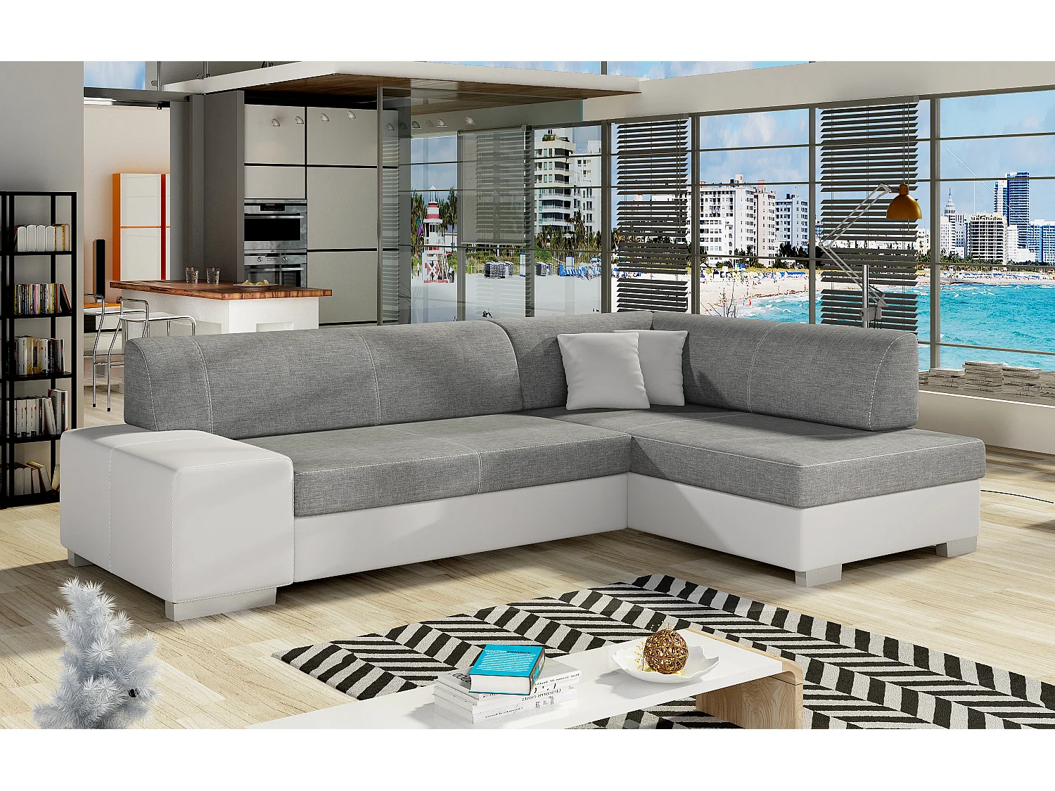 Canapé convertible angle droit simili cuir blanc et tissu gris Polky 272cm