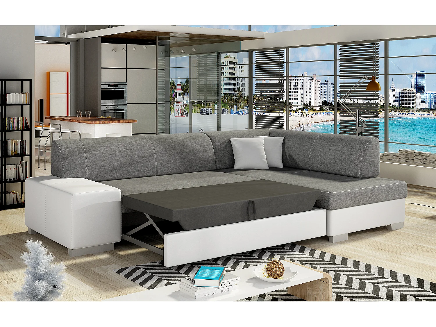 Canapé convertible angle droit simili cuir blanc et tissu gris Polky 272cm