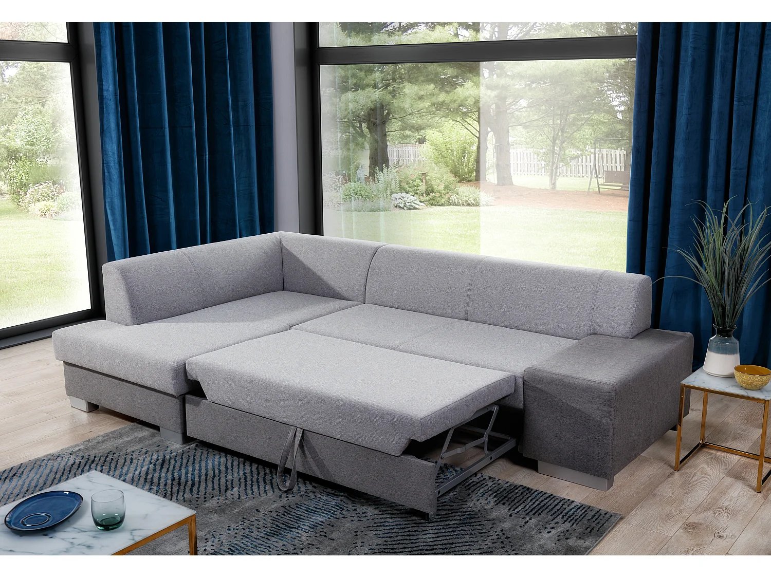 Canapé convertible angle droit simili cuir blanc et tissu gris Polky 272cm