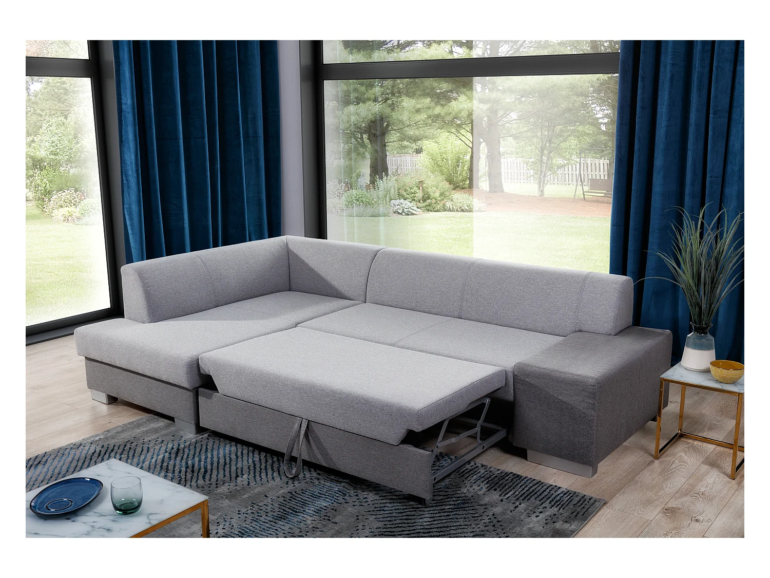 Canapé convertible angle droit simili cuir blanc et tissu gris Polky 272cm